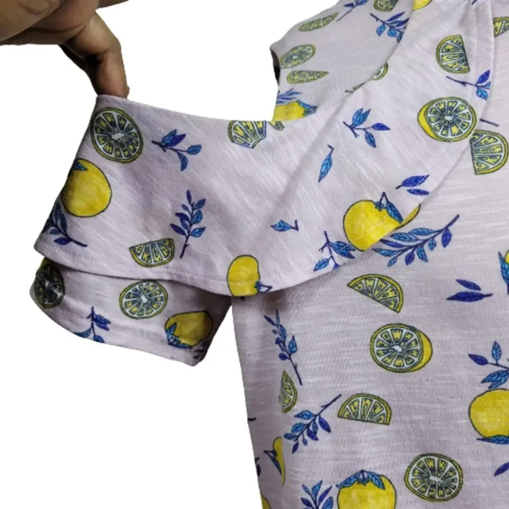 Juicy Couture Women's Lemon Print Purple Combo Ruffle Cold-Shoulder Top Size XL - Picture 6 of 8